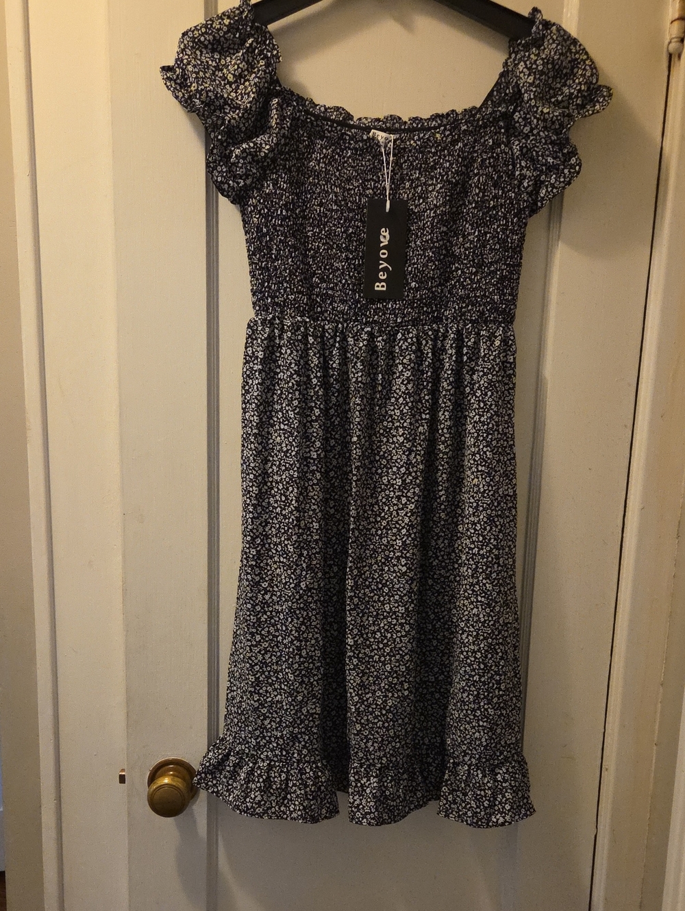 Ladies Navy Floral Smocked Dress